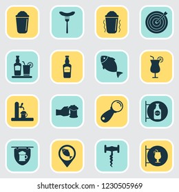 Beverages icons set with fish, elite rum, corkscrew and other beer spilling elements. Isolated vector illustration beverages icons.