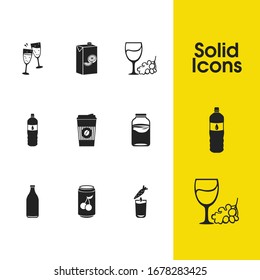 Beverages icons set with fresh juice, milk bottle and take away coffee elements. Set of beverages icons and juice can concept. Editable vector elements for logo app UI design.