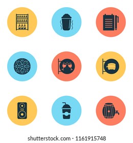 Beverages icons set with shaker in action, ale sign, column and other pepperoni elements. Isolated vector illustration beverages icons.