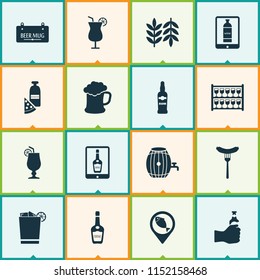Beverages icons set with stand with glasses, whiskey with ice, pizza with moonshine snack elements. Isolated vector illustration beverages icons.