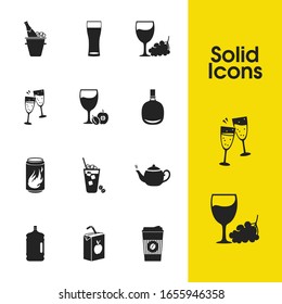 Beverages icons set with take away coffee, wheat beer glass and champagne elements. Set of beverages icons and cold cappuccino concept. Editable vector elements for logo app UI design.