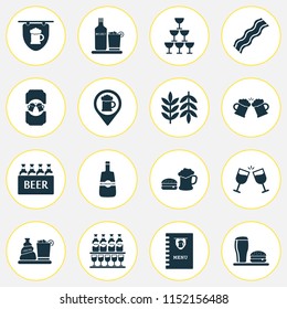 Beverages icons set with wheat, bar menu, lunch and other froth elements. Isolated vector illustration beverages icons.