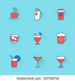 Beverages icons. Vector icon set in flat design style. For web site design and mobile apps