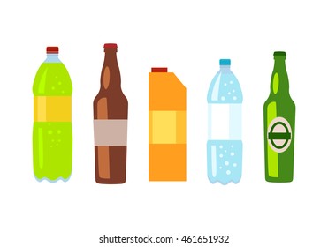 Beverages isolated white. Set of drinks in bottles and packs. Healthy and junk drinks. Alcoholic and nonalcoholic beverages. Part of series of promotion healthy diet and good fit. Vector illustration
