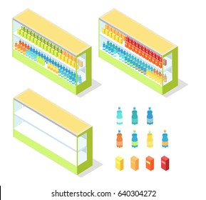 Beverages and juice in shop showcase isometric vector illustration. Drinks on supermarket shelves 3d model isolated on white background. Full and empty groceries rack isometry for game, app, icon, web