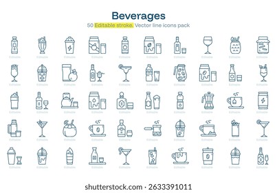 Beverages line icon pack. Beverages Stroke icon set. Editable Stroke icon