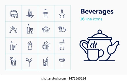 Beverages line icon set. Wine, beer, tea, takeaway coffee. Drink concept. Can be used for topics like leisure, restaurant menu, bar