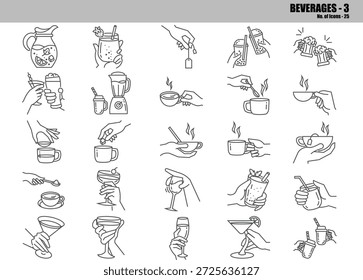 Conjunto de iconos de línea de bebidas con 25 iconos de contorno limpios y modernos que muestran las manos sosteniendo y preparando bebidas como café, té, jugo, batidos, cócteles, cerveza y bebidas calientes. Incluye acciones como verter, remover, sorber, brindar y servir bebidas. Esta colección de íconos de Vector es ideal para marcas de cafeterías y restaurantes, menús de bebidas, blogs de alimentos, App de estilo de vida, diseño de UI UX, gráficos de redes sociales, infografías, presentaciones y conceptos de empaque. Diseñados en un estilo de línea delgada consistente, todos los iconos son completamente editables, escalables y aislados sobre un fondo blanco para uso profesional digital e impreso.