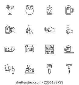 Beverages line icons set, outline vector symbol collection, linear style pictogram pack. Signs, logo illustration. Set includes icons as alcohol drinks, bar, pub, bartender, beer mug, cocktail glass