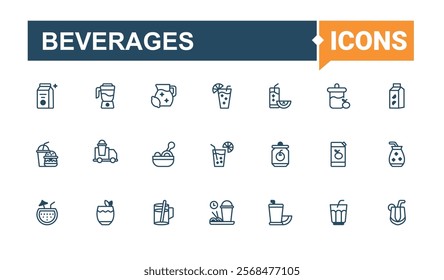 Beverages linear icon collection. Contains such icons as lemon, bottle, champagne, coconut, glass and more. Thin outline icons pack. Vector outline and solid icons collection.