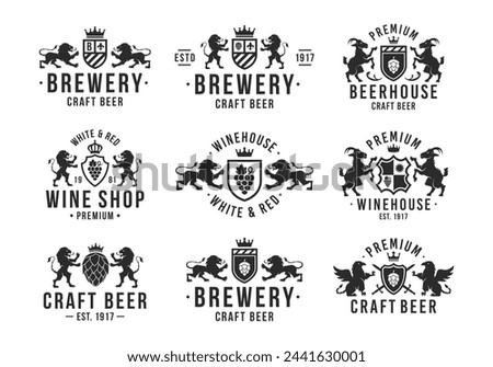 Beverages logo set. Vintage beer and wine logo with heraldic animals. Vintage brewery and winery emblems. Beverages labels, emblems, logo. Vector illustration