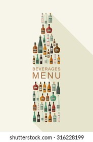 Beverages menu. Bottles of alcoholic beverages in bottle shape. Vector flat illustration