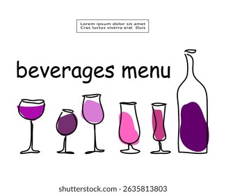 Beverages menu card, print or poster. Bar or restaurant wine list. Set of different glasses and bottle . Hand drawn vector design. 