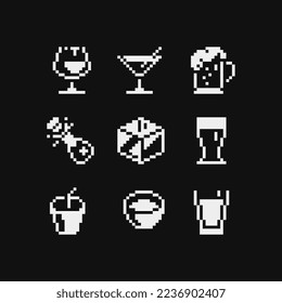 Beverages pixel art 1-bit icons set, black and white emoji, glass of wine, mug of beer, martini, ice cube and champagne. Design for logo, sticker and mobile app. Isolated vector illustration.