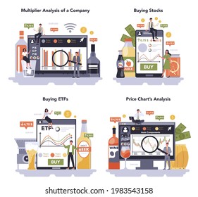 Beverages production industry online service or platform set. Alcoholic and acoholic-free beverages. Multiplier analysis of a company, buying stocks and ETFs, price chart analysis. Vector illustration