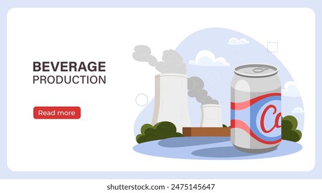 Poster der Getränkeindustrie. Aluminiumdose nahe der Fabrik. Fass mit Alkohol und Alkohol. Design der Zielwebseite. Cartoon flache Vektorillustration isoliert auf weißem Hintergrund