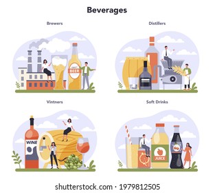 Beverages production industry sector of the economy set. Light manufacturing and goods production. Alcoholic and acoholic-free beverages. Brewer, distiller, vintner. Isolated flat vector illustration