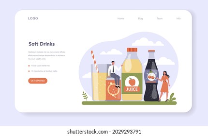Beverages production industry sector of the economy. Light manufacturing and goods production. Acoholic-free beverages, juice and soft drinks web banner or landing page. Flat vector illustration
