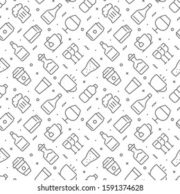 Beverages related seamless pattern with outline icons
