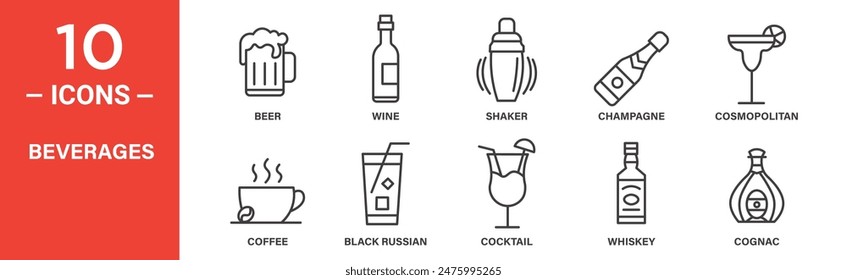 Beverages related vector icon set includes beer, wine, shaker, champagne, cosmopolitan, coffee, black russian, cocktail, whiskey, cognac, and more icons