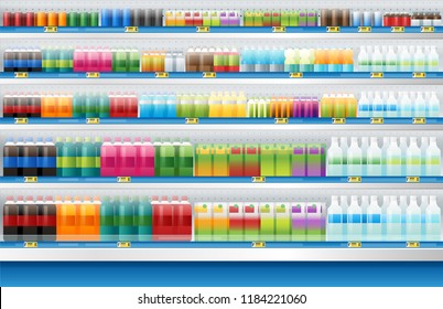 beverages for sale display on shelf in supermarket , vector , illustration