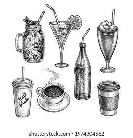 Beverages set. Coffee and milkshake. Lemonades and cocktails. Bottle of soda with drinking straw. Ink sketch isolated on white background. Hand drawn vector illustration. Retro style.