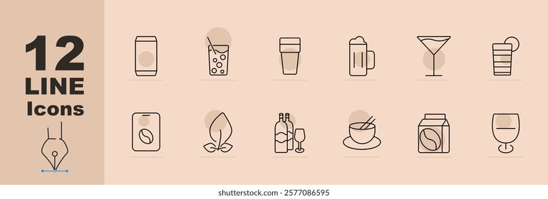 Beverages set icon Soda can, drink glass, beer mug, cocktail, juice, coffee app, coffee plant, wine bottle, bowl with chopsticks, coffee carton, wine glass. Drinks, beverages, food