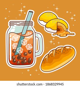 Beverages with sweetmeats. Hand drawn set collection. vector illustration.