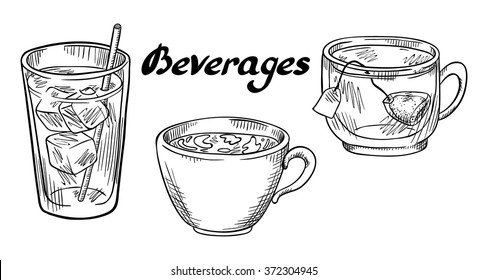 Beverages. Tea, Coffee, Mineral Water, Soda. Isolated With The Inscription