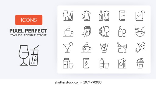Beverages. Thin line icon set. Outline symbol collection. Editable vector stroke. 