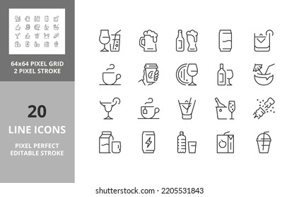 Beverages. Thin line icon set. Outline symbol collection. Editable vector stroke. 64 and 256 Pixel Perfect scalable to 128px