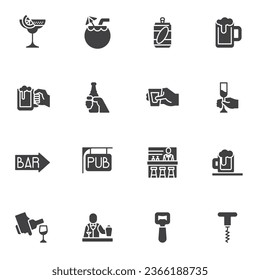 Beverages vector icons set, modern solid symbol collection, filled style pictogram pack. Signs, logo illustration. Set includes icons as alcohol drinks, bar, pub, bartender, beer mug, cocktail glass