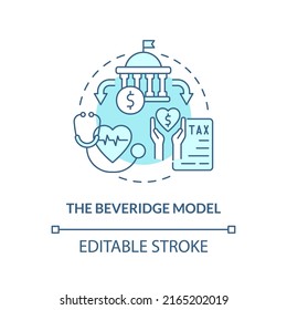 Beveridge model turquoise concept icon. Healthcare systems type abstract idea thin line illustration. Funded by taxation. Isolated outline drawing. Editable stroke. Arial, Myriad Pro-Bold fonts used