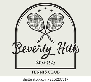 Beverly Hills 1982 Tennis Club typography slogan with college varsity print for graphic tee t-shirt or sweatshirt.