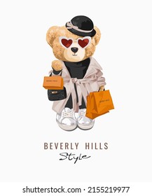 beverly hills style with fashion bear doll holding shopping bags vector illustration