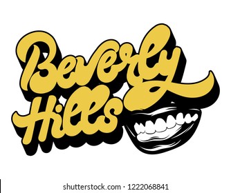 Beverly Hills. Vector handwrittem lettering isolated with hand drawm illustration of smile. Template for card, poster, banner, print for t-shirt, pin, badge, patch.