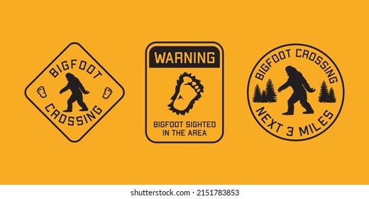 Beware of bigfoot area yellow set road sign. Set bigfoot signs.