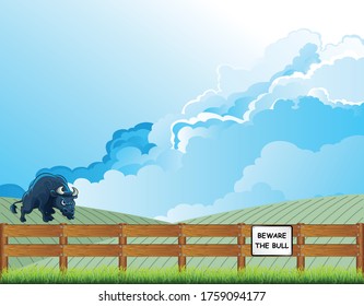 Beware the bull sign on wooden fence with angry looking bullock in field with cloudy blue sky above
