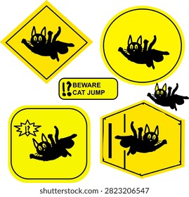 Beware Cat Jump Warning Sign Set, Safety Caution Labels with Jumping Cat Icons