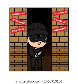 Beware of the corner robbers. Burglar wearing black mask hold short knife The thief hides in the dark.