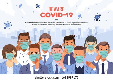 Beware Of Covid 19 Poster With Many People Young And Old Wearing Mask To Self Prevention. Used For Poster, Landing Page And Other