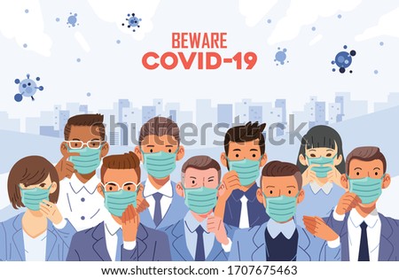 beware of covid 19 poster with many people young and old wearing mask to self prevention. used for poster, landing page and other