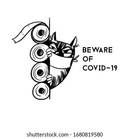 Beware of COVID-19 Poster. Funny cat vector illustration. 