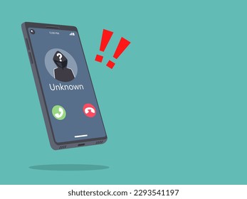 Beware of the criminal. Smartphone call from unknown or stranger number. Scam, Prank, Fraud, and phishing on a mobile phone. Vector illustration flat design.