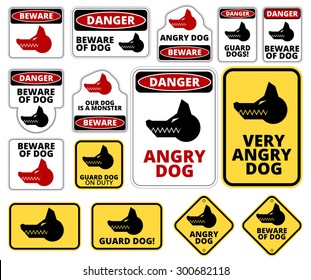 Beware of dog, angry and bad dog warning signs. Vector EPS8 set