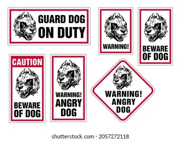 Beware of dog and Angry Dog warning sign. Vector illustration of a cute dog, bull terrier, bulldog, pitbull. Print for poster or t-shirt, stickers. 