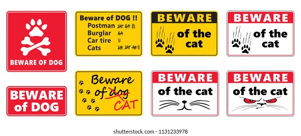 Beware of the dog sign Beware of the cat sign label vector bite love cat paws steps dog Animals footprints foot feet footsteps hound puss pussy woof meow funny fun lucky hush paws vintage death skul