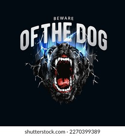 beware of the dog slogan with angry black dog head on lightning vector illustration on black background	
