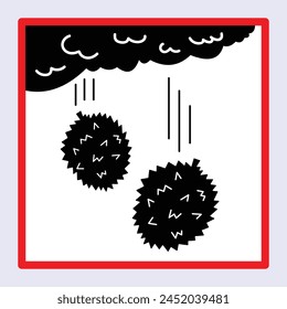 Beware of falling durians fruit from tree sign age banner poster illustration isolated on square red border background. Simple flat poster graphic design drawing for prints.