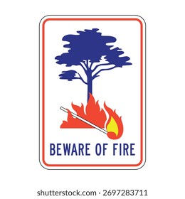 Cuidado con el fuego - señal de peligro con el árbol, las llamas, y el fósforo para la conciencia de la seguridad forestal